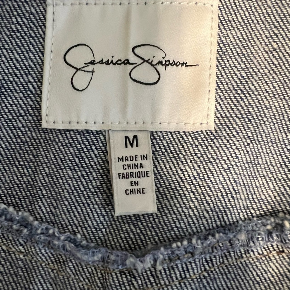 Jessica Simpson Distressed Blue Denim Jacket Size M Button Down Trendy Casual - Picture 5 of 8